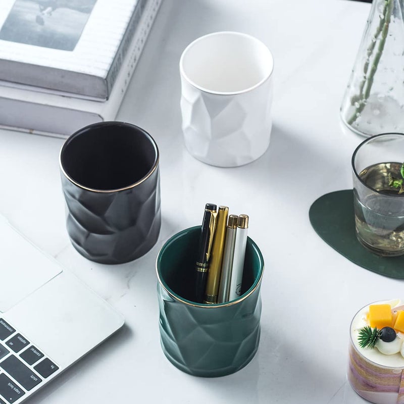 YOSCO Ceramic Irregular Round Pen Holder For Desk Cute Stand Gold Line Aesthetic Pencil Cup Pot Desk Organizer for Men Women Makeup Brush Holder (Black) - Image 4